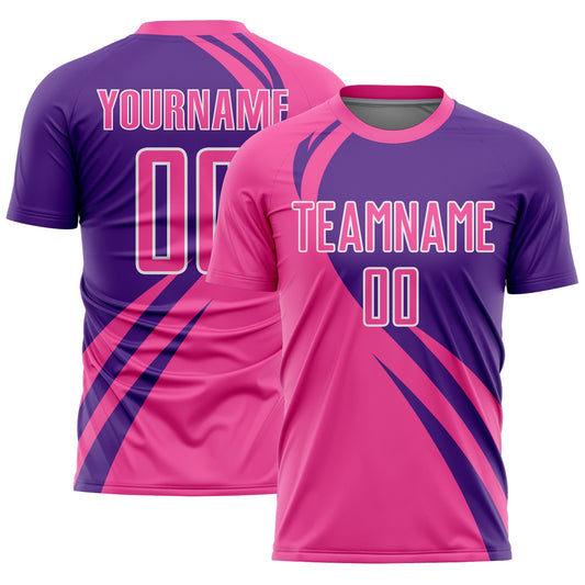 Camiseta de fútbol personalizada con sublimación de líneas curvas rosa, morado y blanco