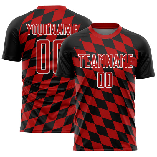 Camiseta de fútbol personalizada con estampado de rombos en negro, rojo y blanco, sublimada