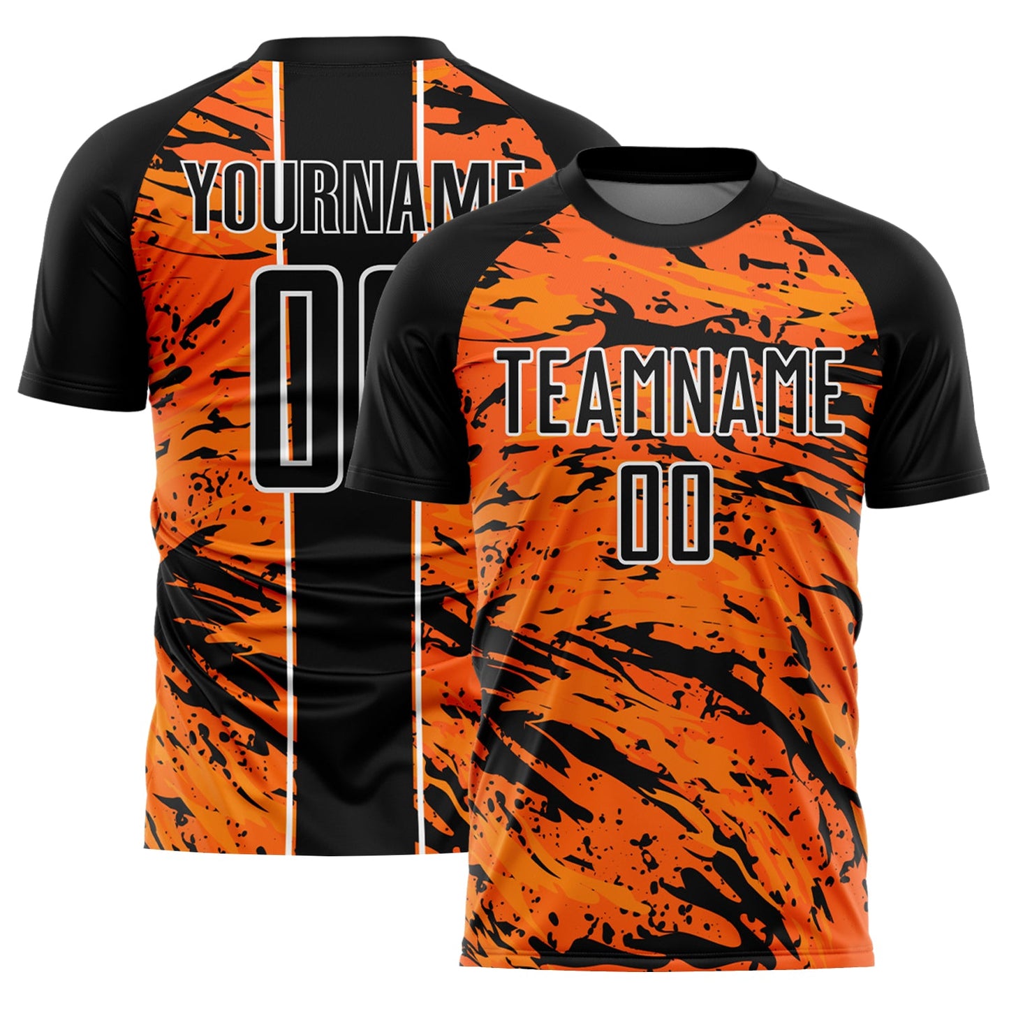 Camiseta de fútbol personalizada con sublimación fluida abstracta, color naranja bahía, blanco y negro