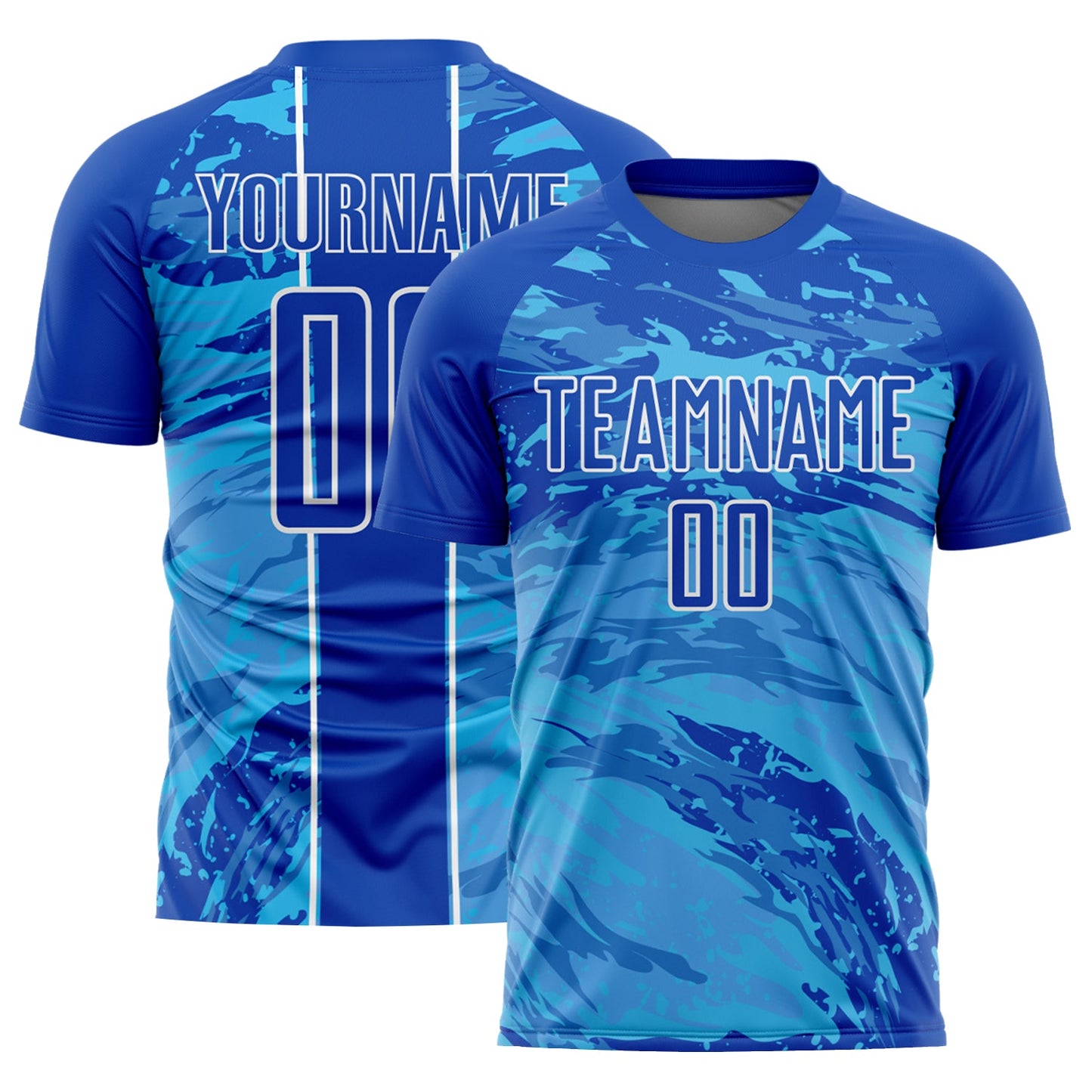Camiseta de fútbol personalizada con sublimación fluida abstracta azul trueno, azul cielo y blanco