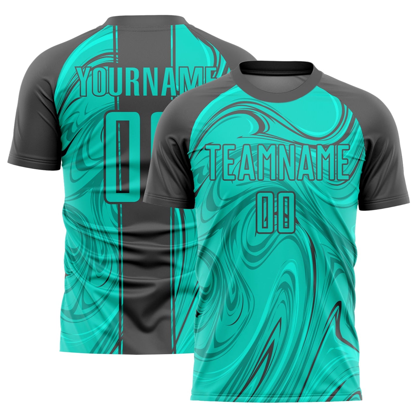 Camiseta de fútbol personalizada con sublimación fluida abstracta en gris acero aguamarina