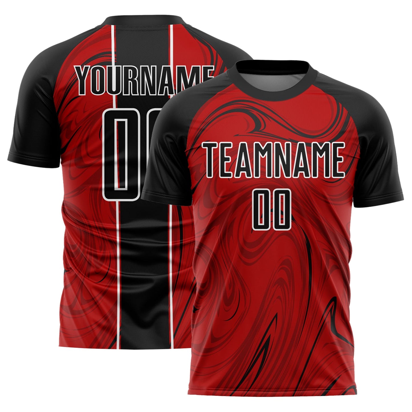 Camiseta de fútbol personalizada con sublimación fluida abstracta en rojo, negro y blanco