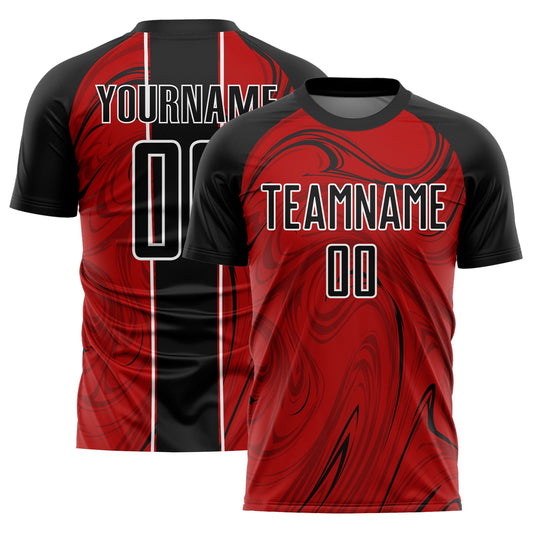Camiseta de fútbol personalizada con sublimación fluida abstracta en rojo, negro y blanco