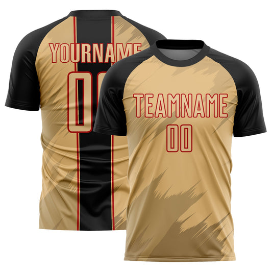 Camiseta de fútbol personalizada con sublimación de formas nítidas, en dorado antiguo, negro y rojo