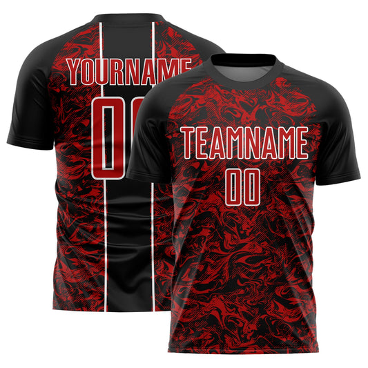 Camiseta de fútbol personalizada con sublimación fluida abstracta, negra, roja y blanca