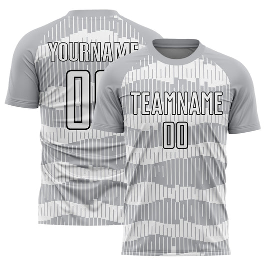 Camiseta de fútbol personalizada con sublimación de rayas blancas y negras en gris