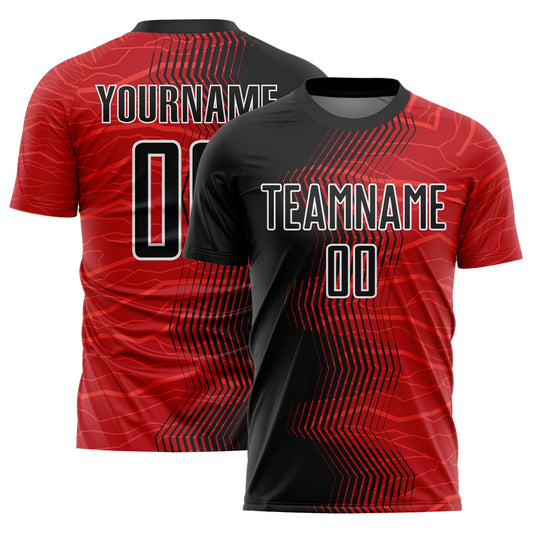 Camiseta de fútbol personalizada con sublimación de flechas con degradado rojo, negro y blanco
