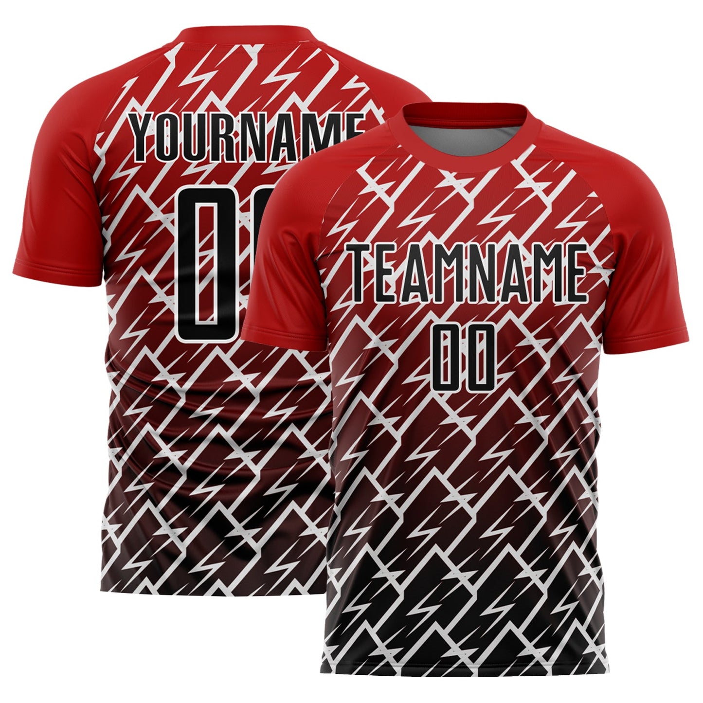 Camiseta de fútbol personalizada con sublimación de rayos en rojo, negro y blanco