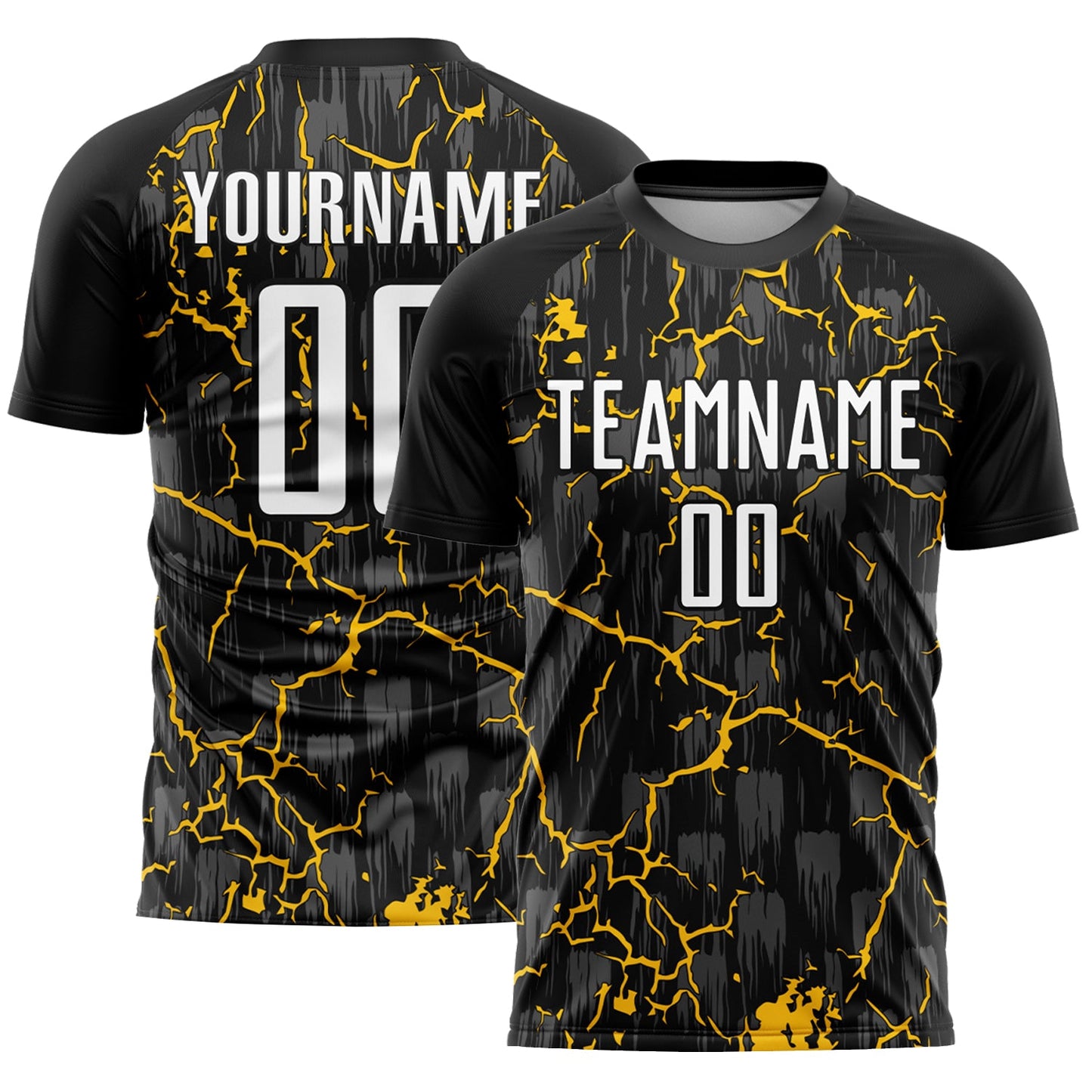 Camiseta de fútbol personalizada con sublimación de rayos en negro, blanco y amarillo