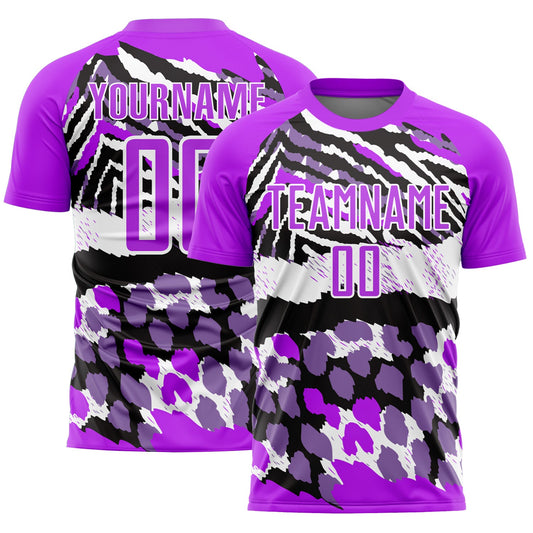Camiseta de fútbol personalizada con sublimación de estampado animal morado, negro y blanco