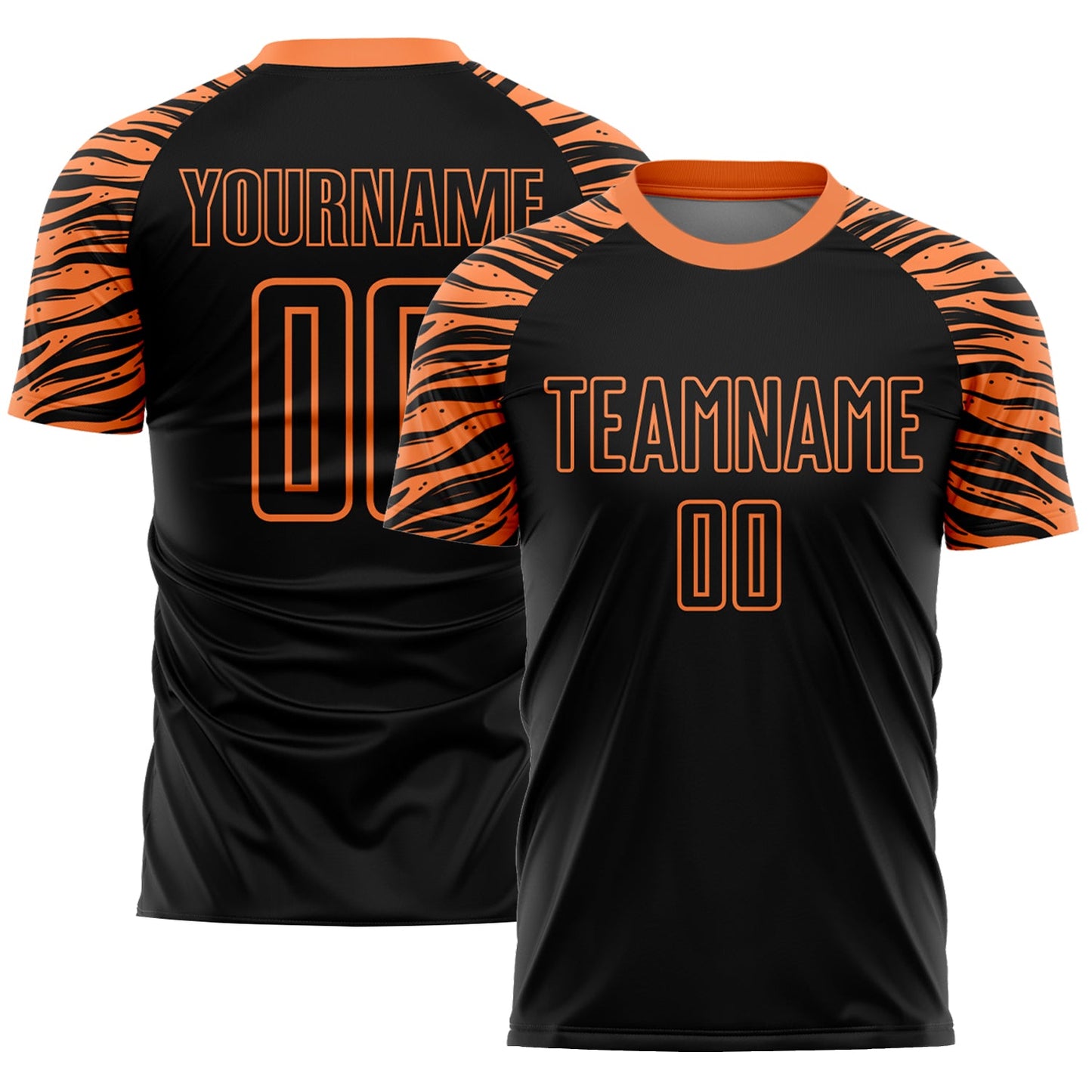 Camiseta de fútbol personalizada con rayas de tigre, color negro y naranja, sublimada