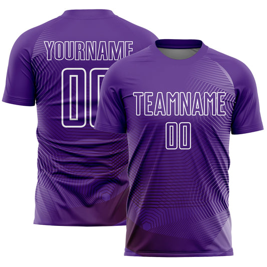 Camiseta de fútbol personalizada con sublimación de líneas geométricas moradas y blancas
