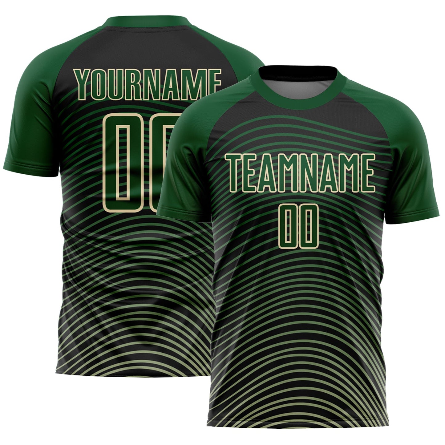 Camiseta de fútbol personalizada con sublimación de líneas geométricas en degradado verde crema y negro