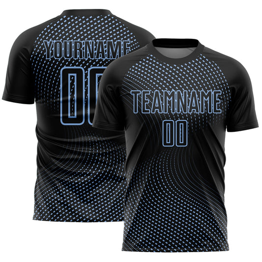 Camiseta de fútbol personalizada con sublimación de líneas geométricas en azul claro y negro