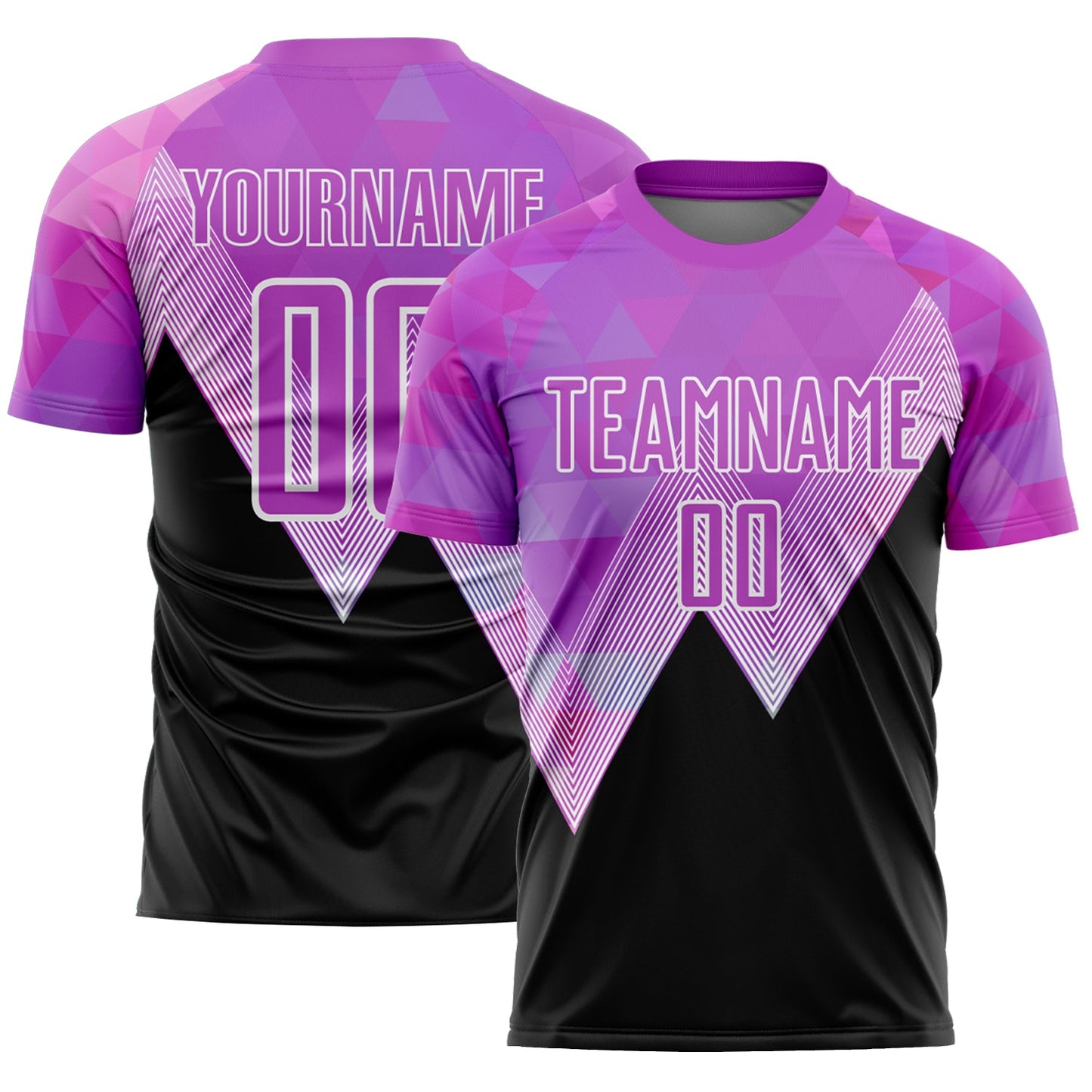 Camiseta de fútbol personalizada con sublimación de estampado geométrico morado, negro y blanco