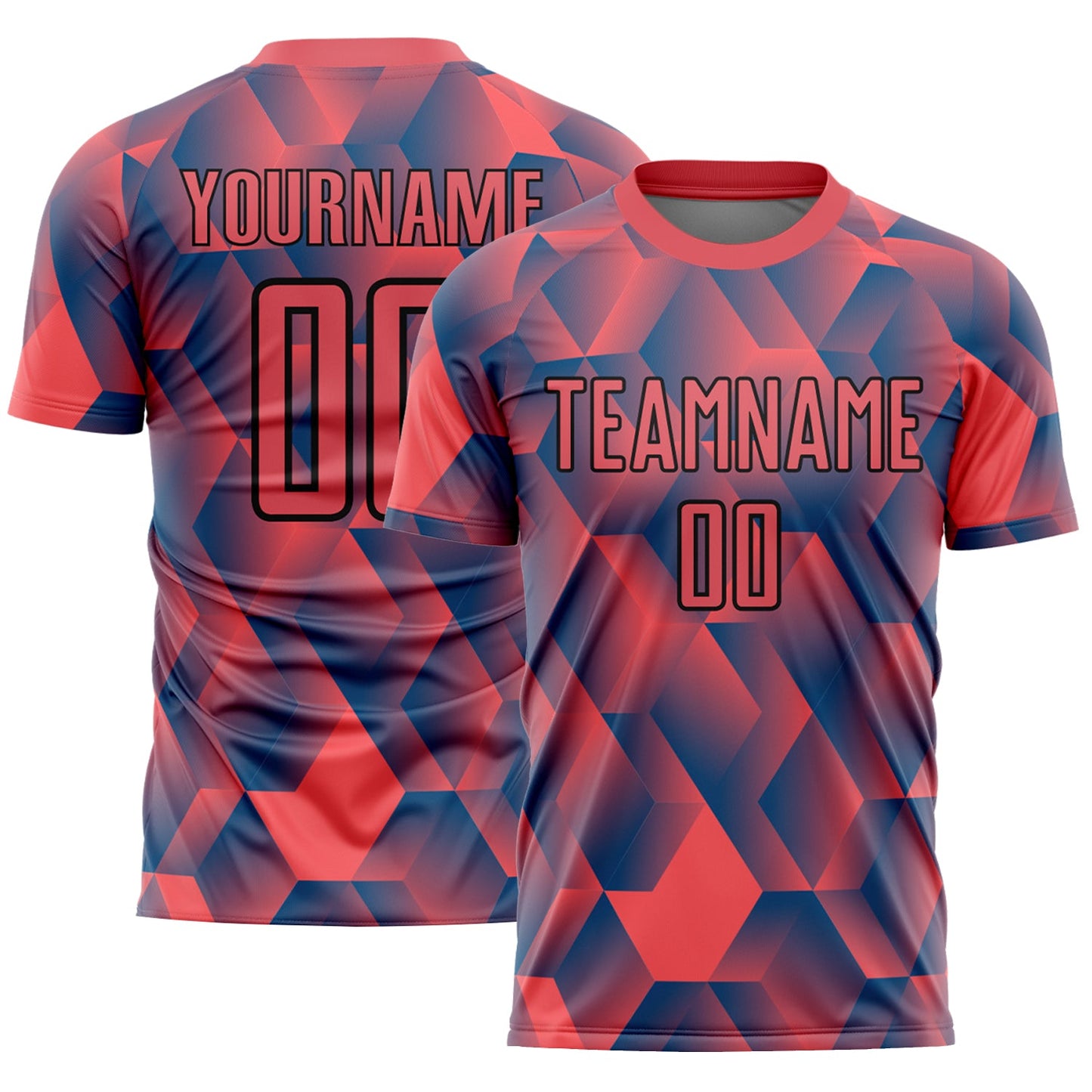 Camiseta de fútbol personalizada con sublimación de formas geométricas en rojo fuego y negro
