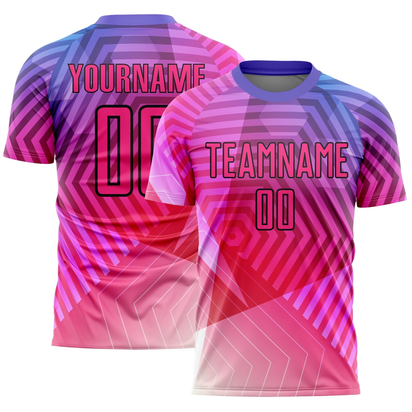 Camiseta de fútbol personalizada con sublimación de formas geométricas en morado, rosa y negro