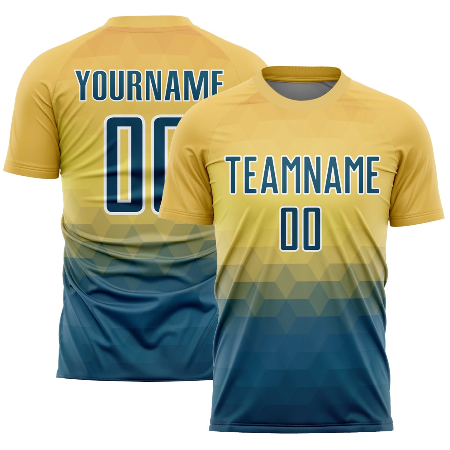 Camiseta de fútbol personalizada con sublimación de triángulos geométricos, color amarillo, azul marino y blanco de EE. UU.