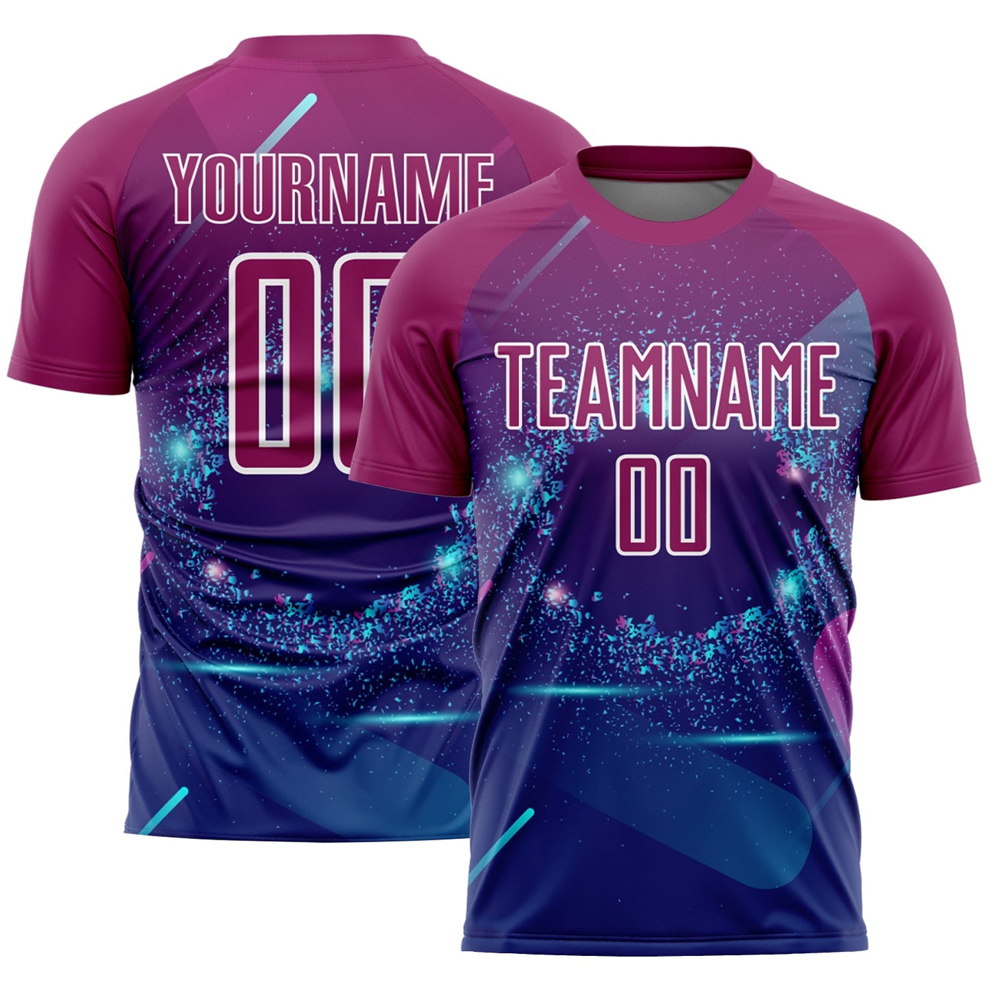 Camiseta de fútbol personalizada con sublimación de estrellas y líneas en morado real y blanco
