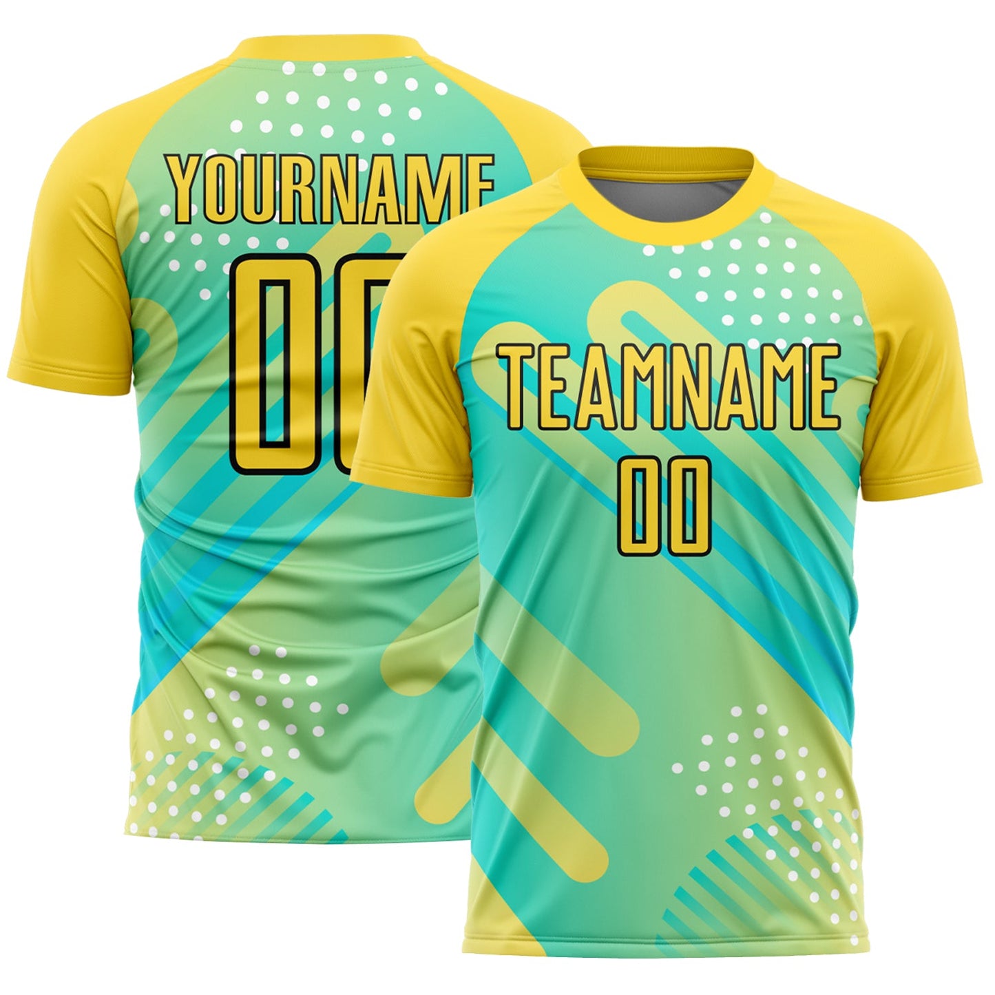 Camiseta de fútbol personalizada con sublimación de formas abstractas en verde guisante, amarillo y negro