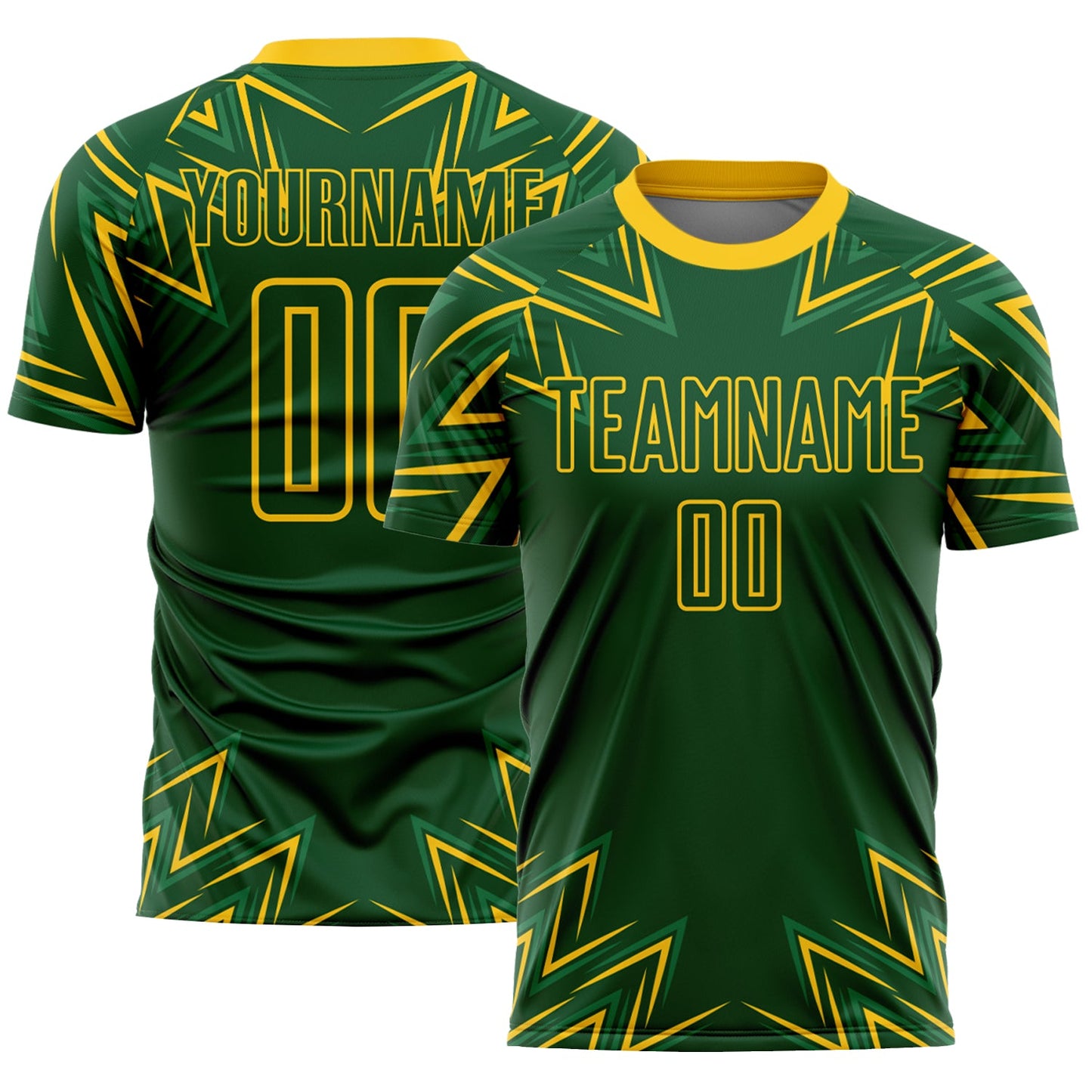 Camiseta de fútbol personalizada con sublimación de formas geométricas en verde y amarillo