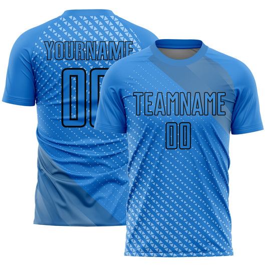 Camiseta de fútbol personalizada de sublimación con formas geométricas en azul y negro de Lakes