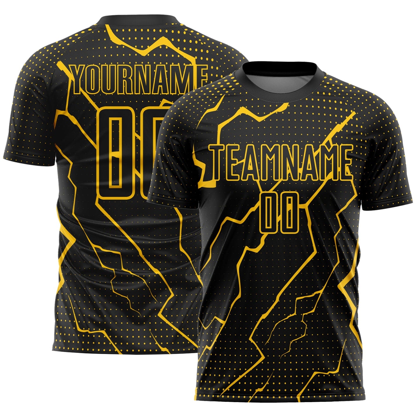 Camiseta de fútbol personalizada con sublimación de Rayo Negro Amarillo