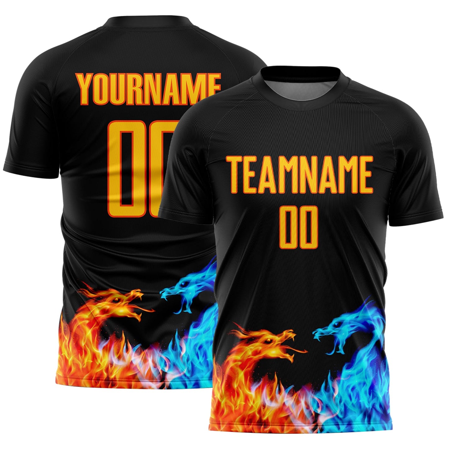 Camiseta de fútbol personalizada con sublimación de llama de dragón, color negro, amarillo y naranja