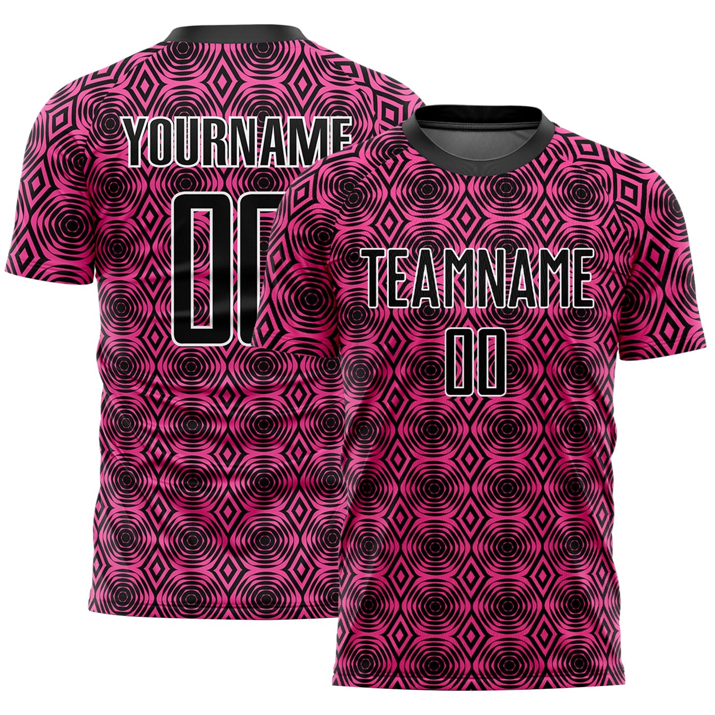 Camiseta de fútbol personalizada con sublimación de formas geométricas en rosa, negro y blanco