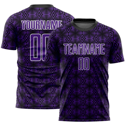 Camiseta de fútbol personalizada con sublimación de formas geométricas en morado, negro y blanco