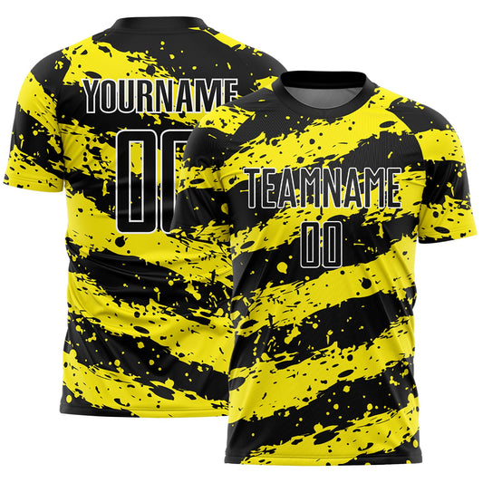 Camiseta de fútbol personalizada con sublimación de salpicaduras en negro, amarillo claro y blanco
