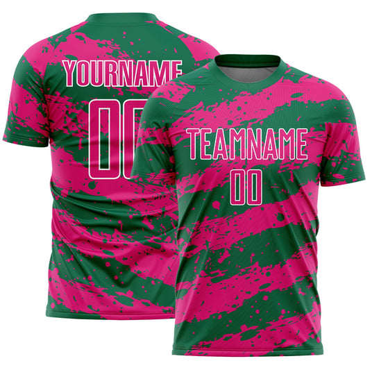 Camiseta de fútbol personalizada con sublimación de color rosa intenso y blanco Kelly Green
