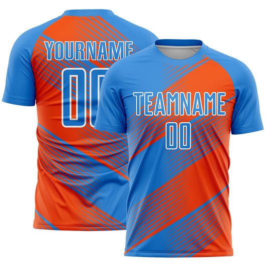 Camiseta de fútbol personalizada con sublimación de líneas azul claro, naranja y blanco