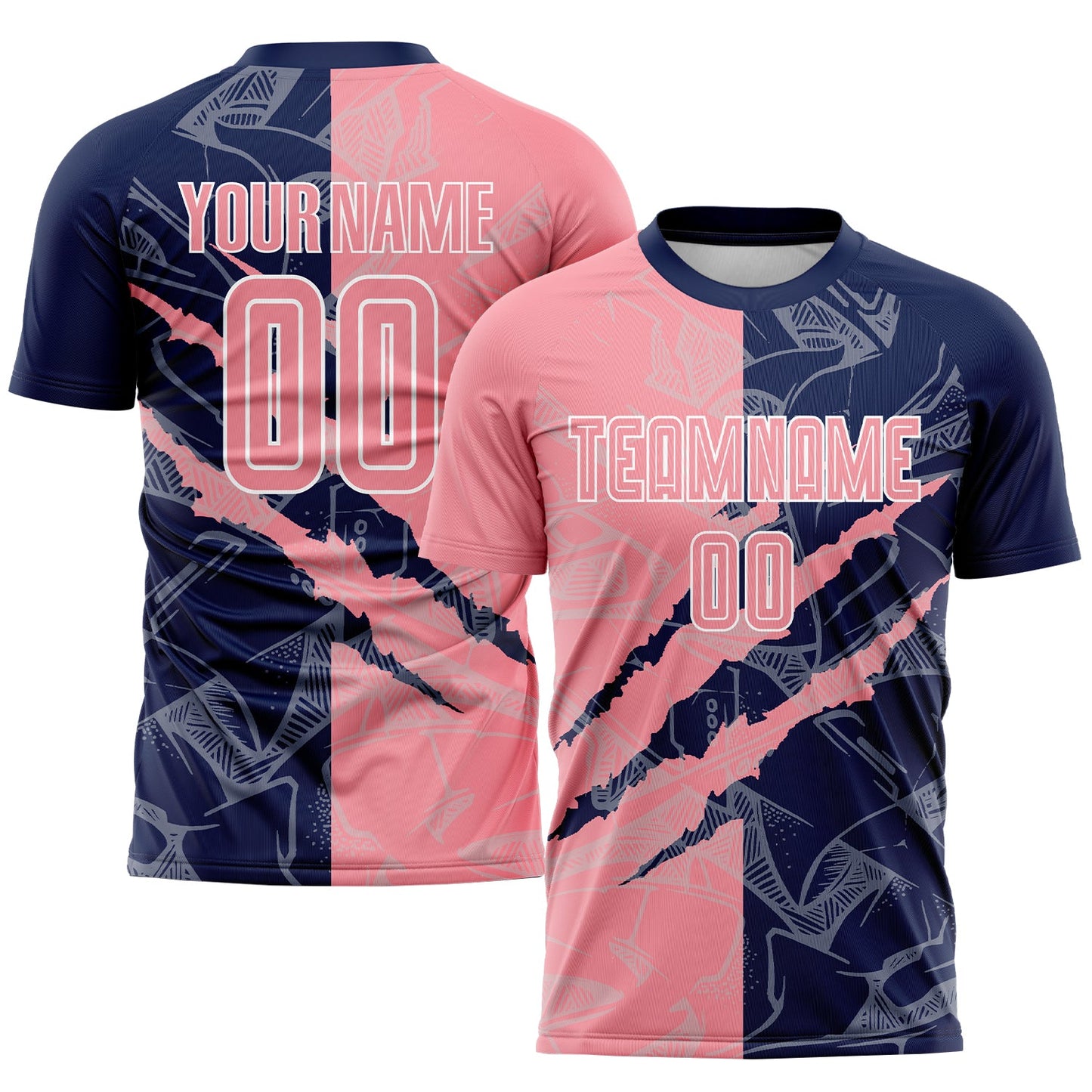 Camiseta de fútbol personalizada con estampado de grafiti, color rosa-azul marino, para rascar y sublimación