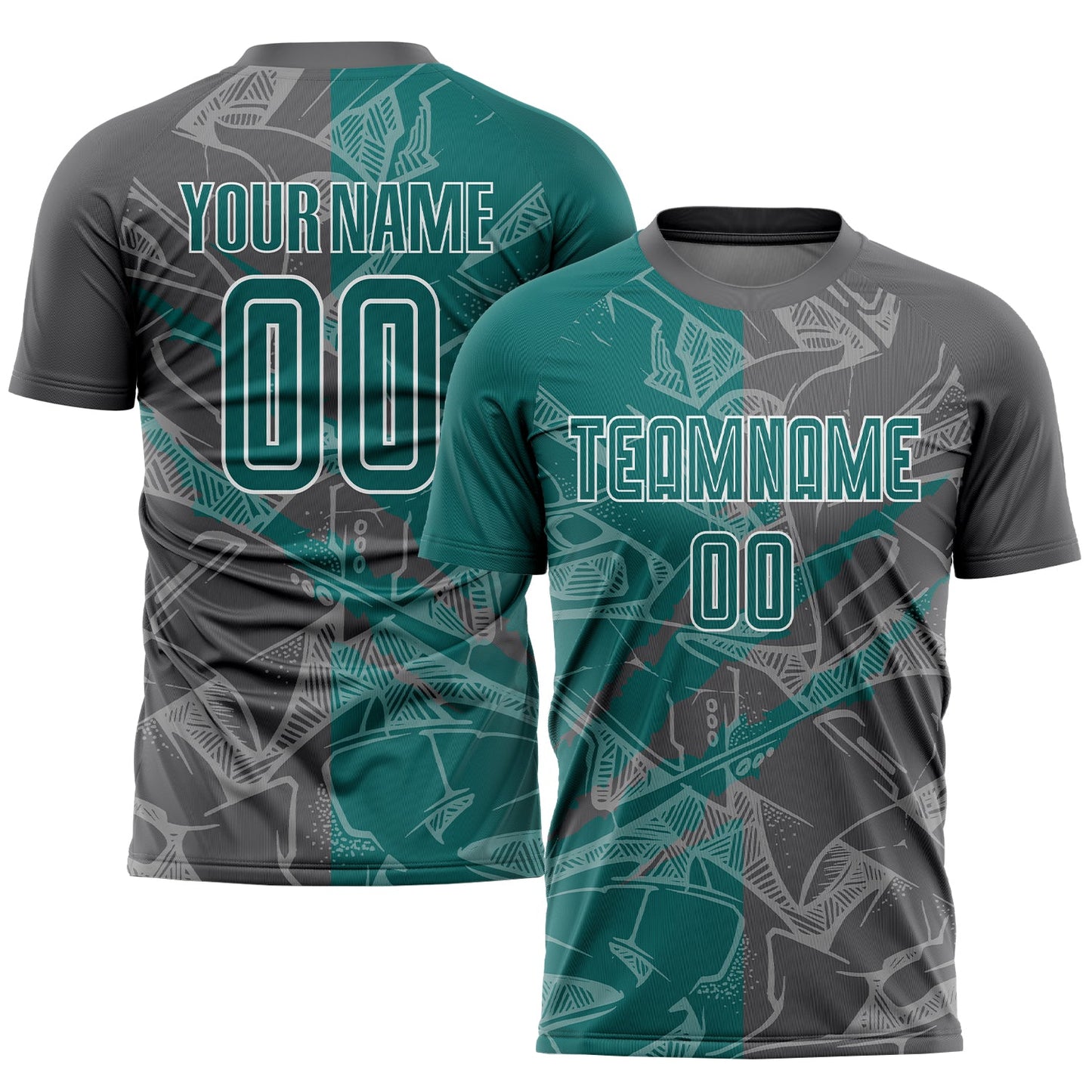 Camiseta de fútbol personalizada con estampado de grafiti, color verde azulado y gris acero, para sublimación y rayado