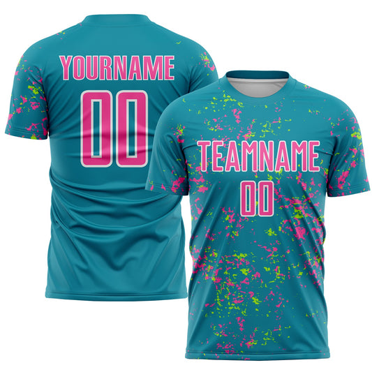 Camiseta de fútbol personalizada con sublimación de fragmentos abstractos en verde azulado, rosa y verde neón