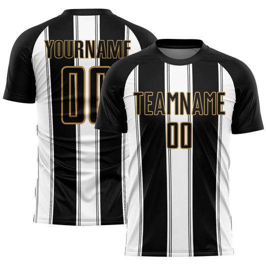 Camiseta de fútbol personalizada con sublimación de líneas en negro, blanco y dorado antiguo