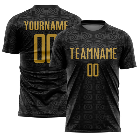 Camiseta de fútbol personalizada con sublimación de formas geométricas en negro y dorado antiguo