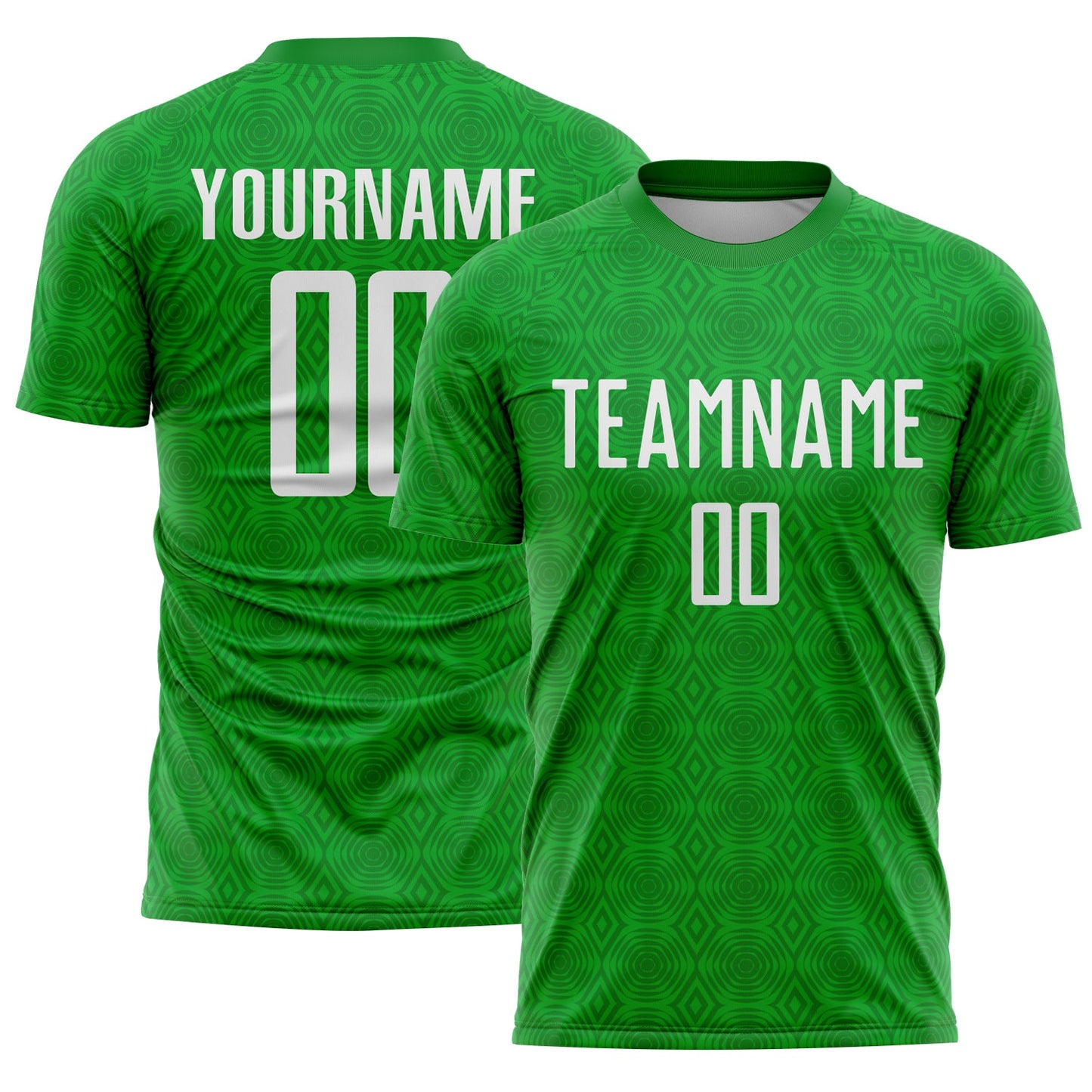 Camiseta de fútbol personalizada con sublimación de formas geométricas, color verde hierba y blanco