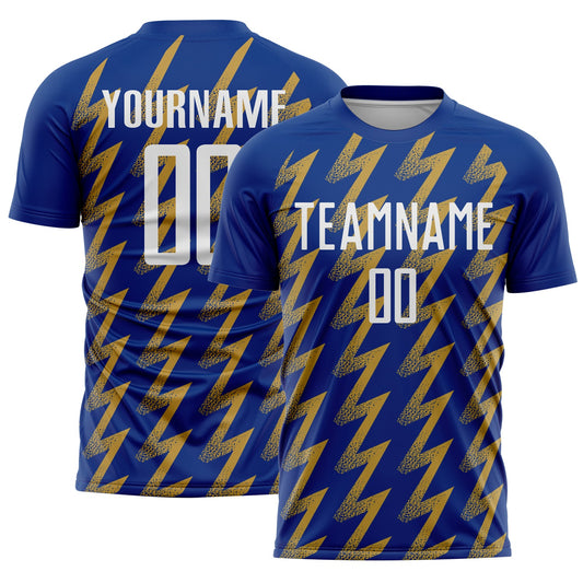 Camiseta de fútbol personalizada con sublimación en zigzag en blanco real y oro viejo