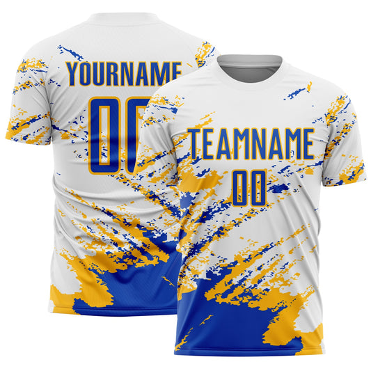 Camiseta de fútbol personalizada con sublimación de fragmentos abstractos en azul trueno blanco y dorado