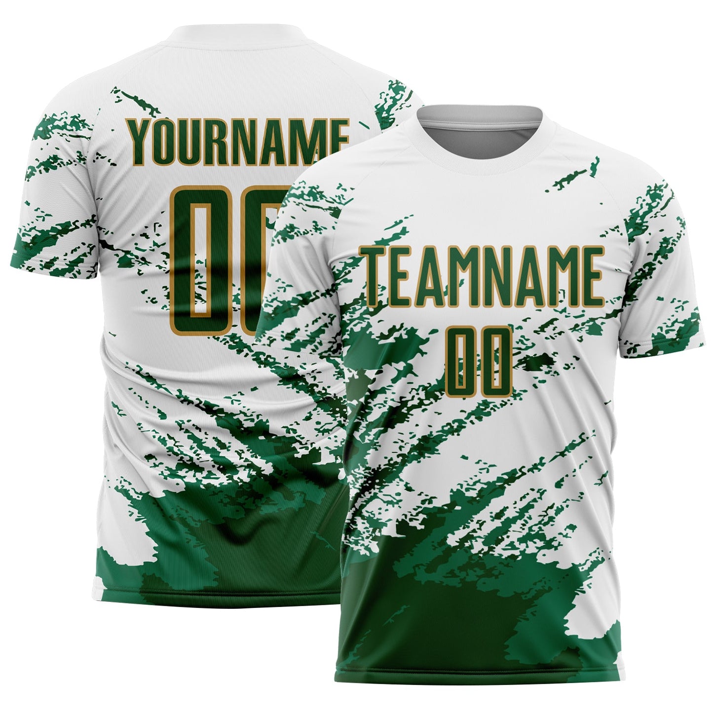 Camiseta de fútbol personalizada con sublimación de fragmentos abstractos en blanco, verde, verde Kelly y dorado.