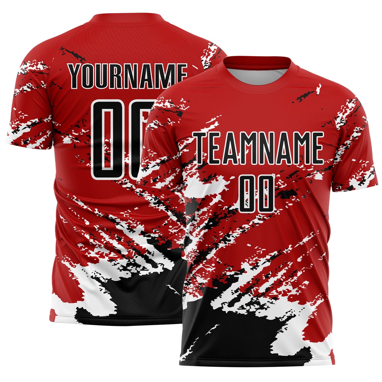 Camiseta de fútbol personalizada con sublimación de arte abstracto con fragmentos en rojo, negro y blanco