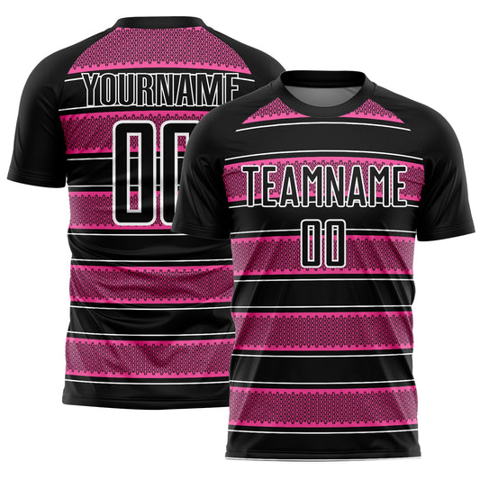 Camiseta de fútbol personalizada con sublimación de líneas y formas geométricas en negro, rosa y blanco