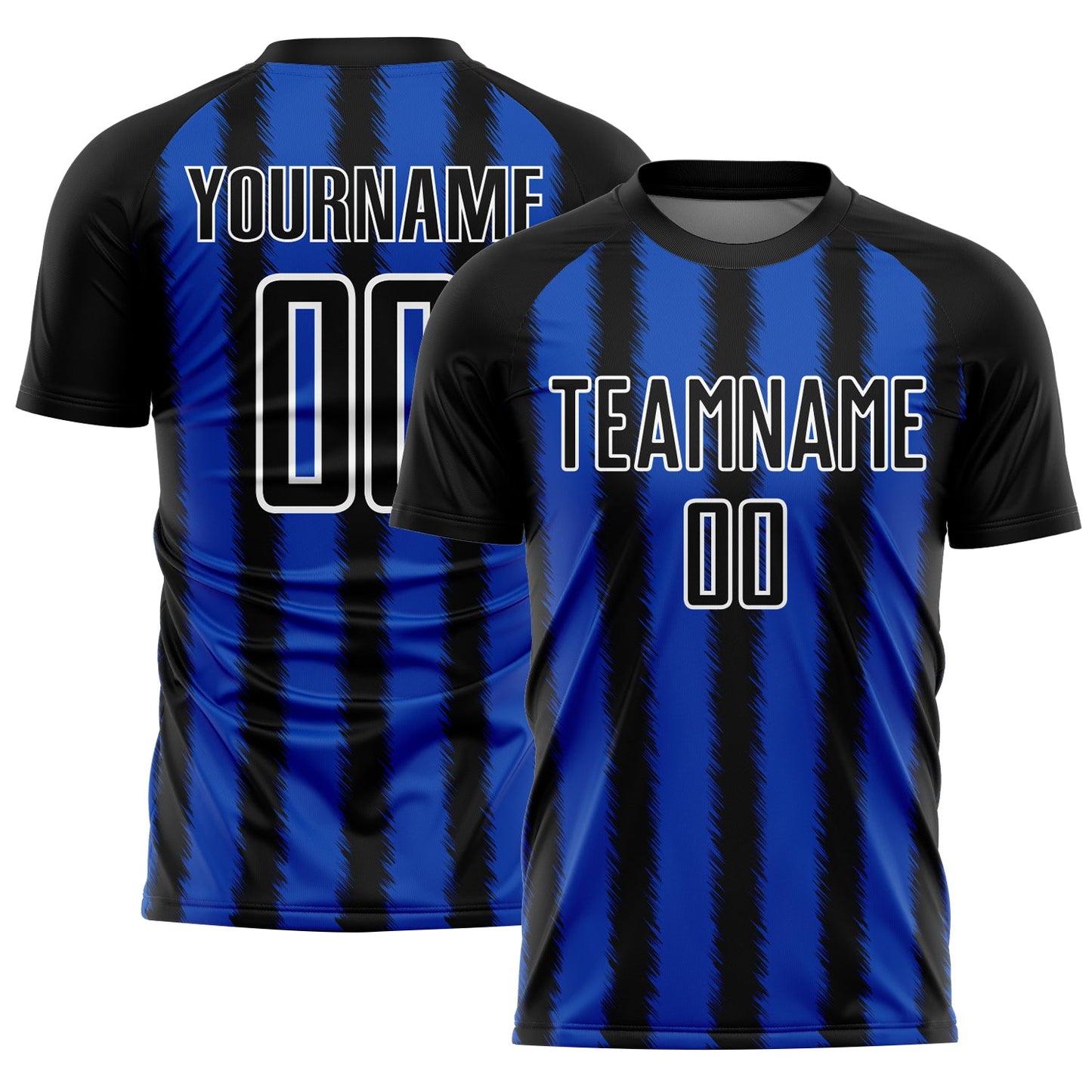 Camiseta de fútbol personalizada con sublimación de línea azul trueno negro y blanco