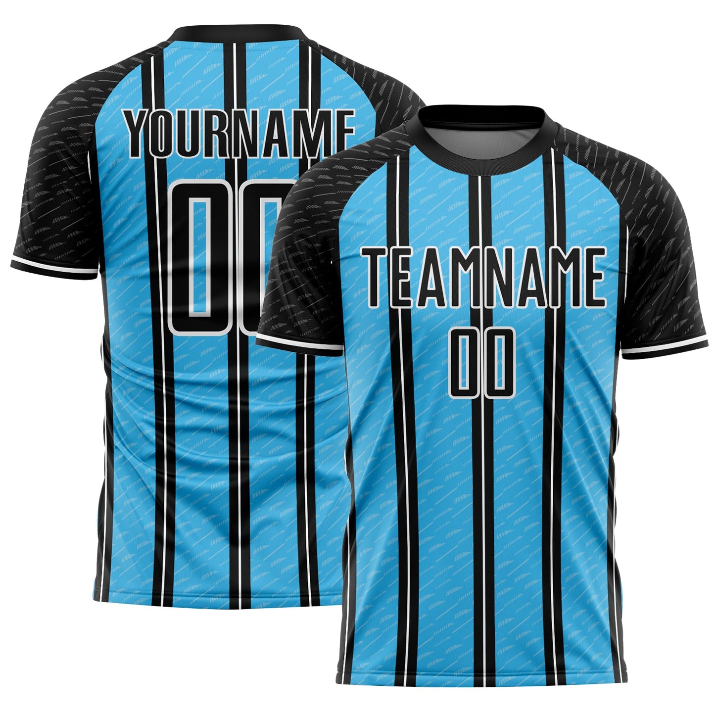 Camiseta de fútbol personalizada con sublimación de líneas azul cielo y blanco, negra
