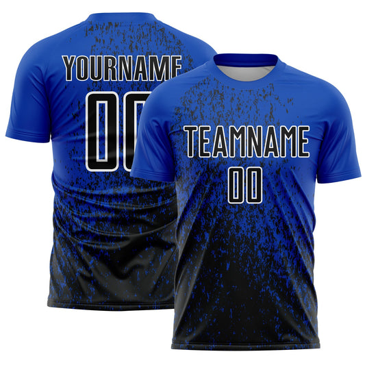 Camiseta de fútbol personalizada con sublimación de fragmentos abstractos en azul trueno, blanco y negro