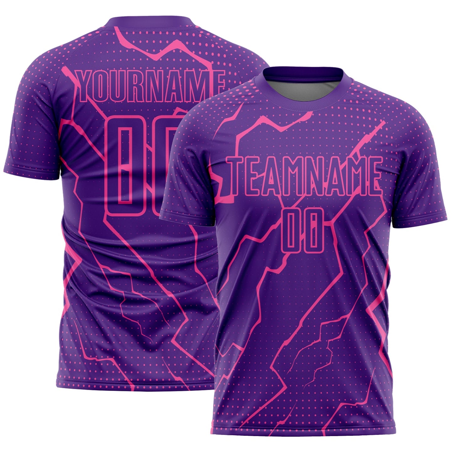 Camiseta de fútbol personalizada con sublimación de rayos morados y rosas