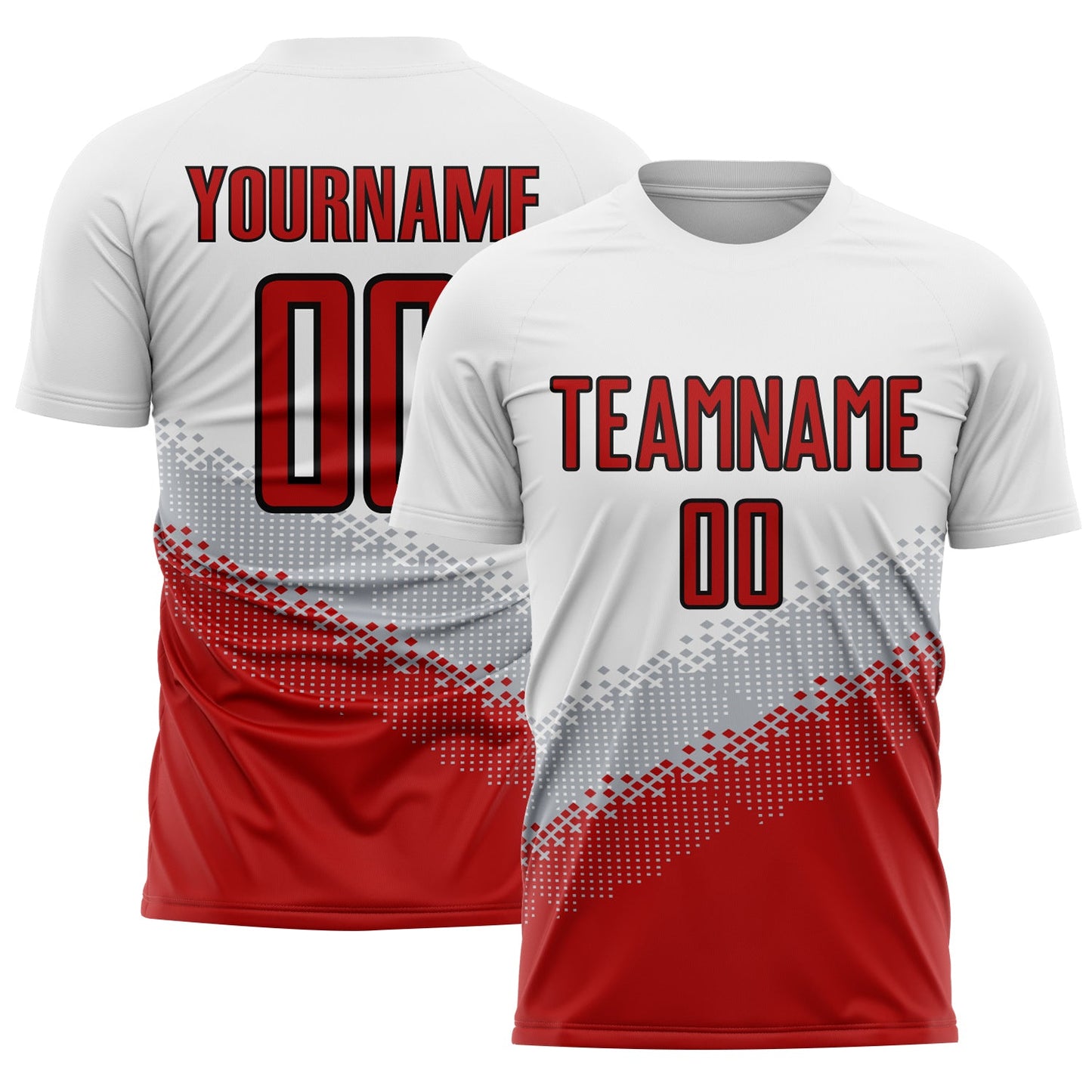 Camiseta de fútbol personalizada con sublimación de formas geométricas en blanco, rojo, gris y negro degradado