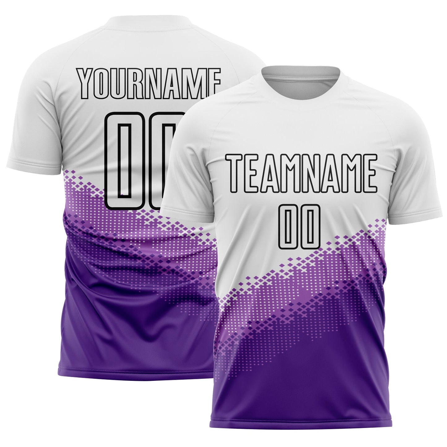 Camiseta de fútbol personalizada con sublimación de formas geométricas en blanco, morado, morado medio y negro degradado